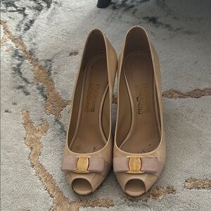 Salvatore Ferragamo Tan Peep-Toe Heels with Bow